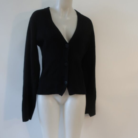 Women Helmut Lang Black V-Neck Ribbed Cotton Blend Chunky Cardigan Sweater S - Picture 2 of 13
